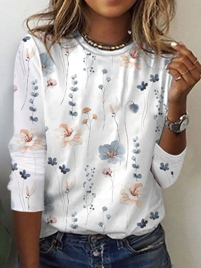 Casual Crewneck Long Sleeve Floral Printed Blouse