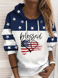 Casual Long Sleeve American US Flag Text Print Hoodies