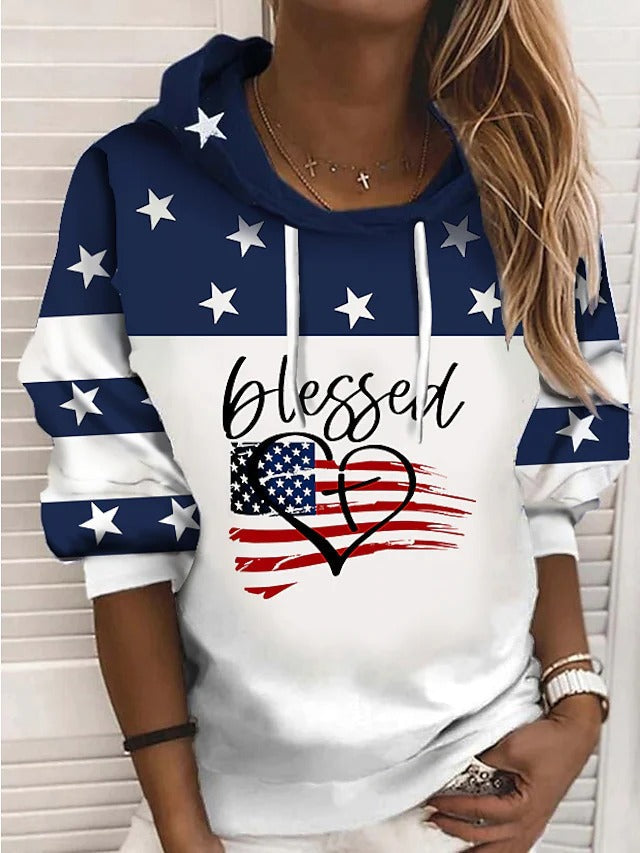 Casual Long Sleeve American US Flag Text Print Hoodies