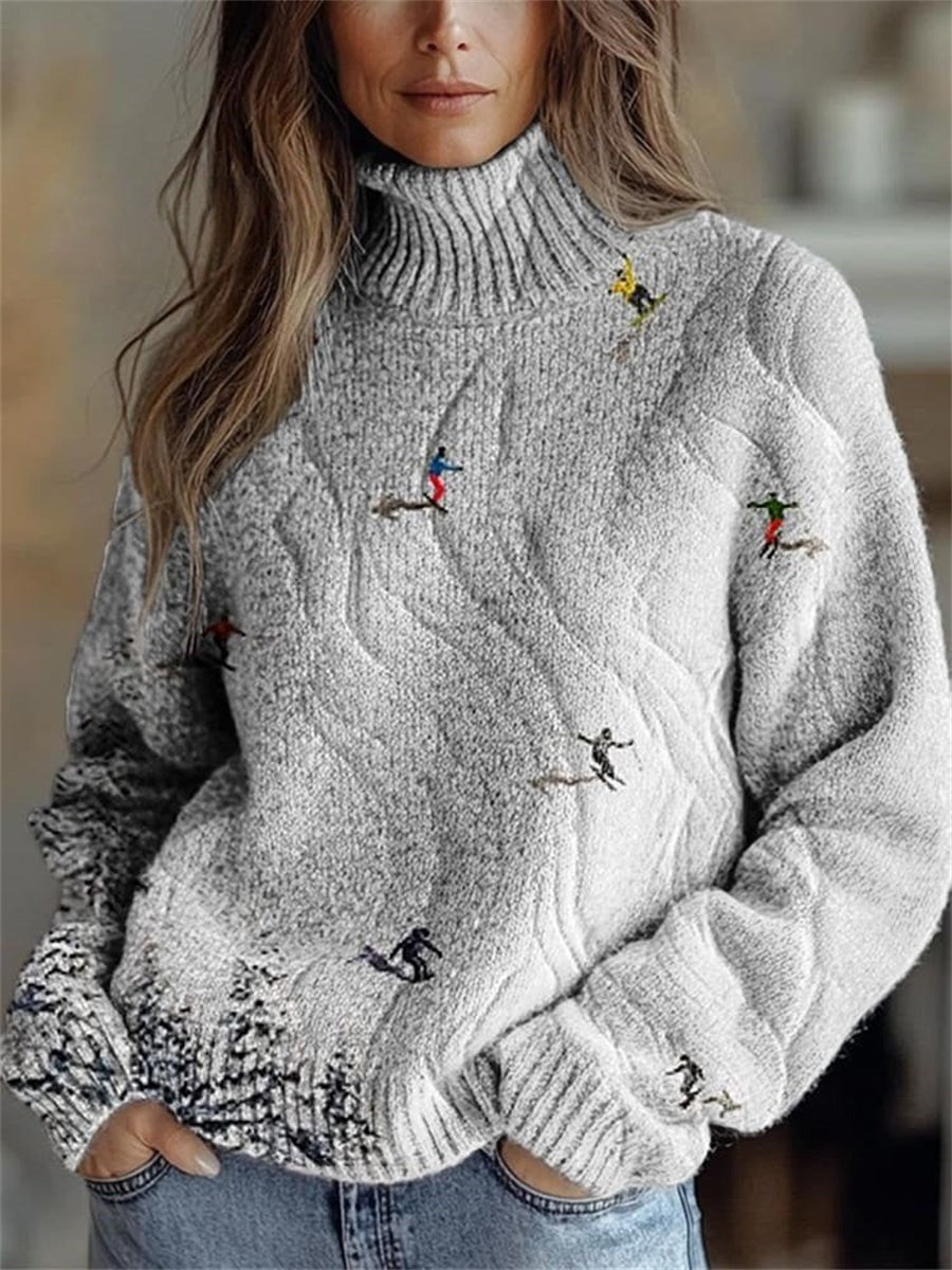 Ski Painting Print Round Sleeve Long Sleeve Warm Comfy Sweater