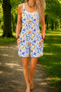 Women’s White Blue Ditsy Floral Print Casual Cotton Wide Leg Romper