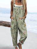 Women's Vintage Floral Art Print Casual Cotton Linen Wide Leg Jumpsuit RJ054