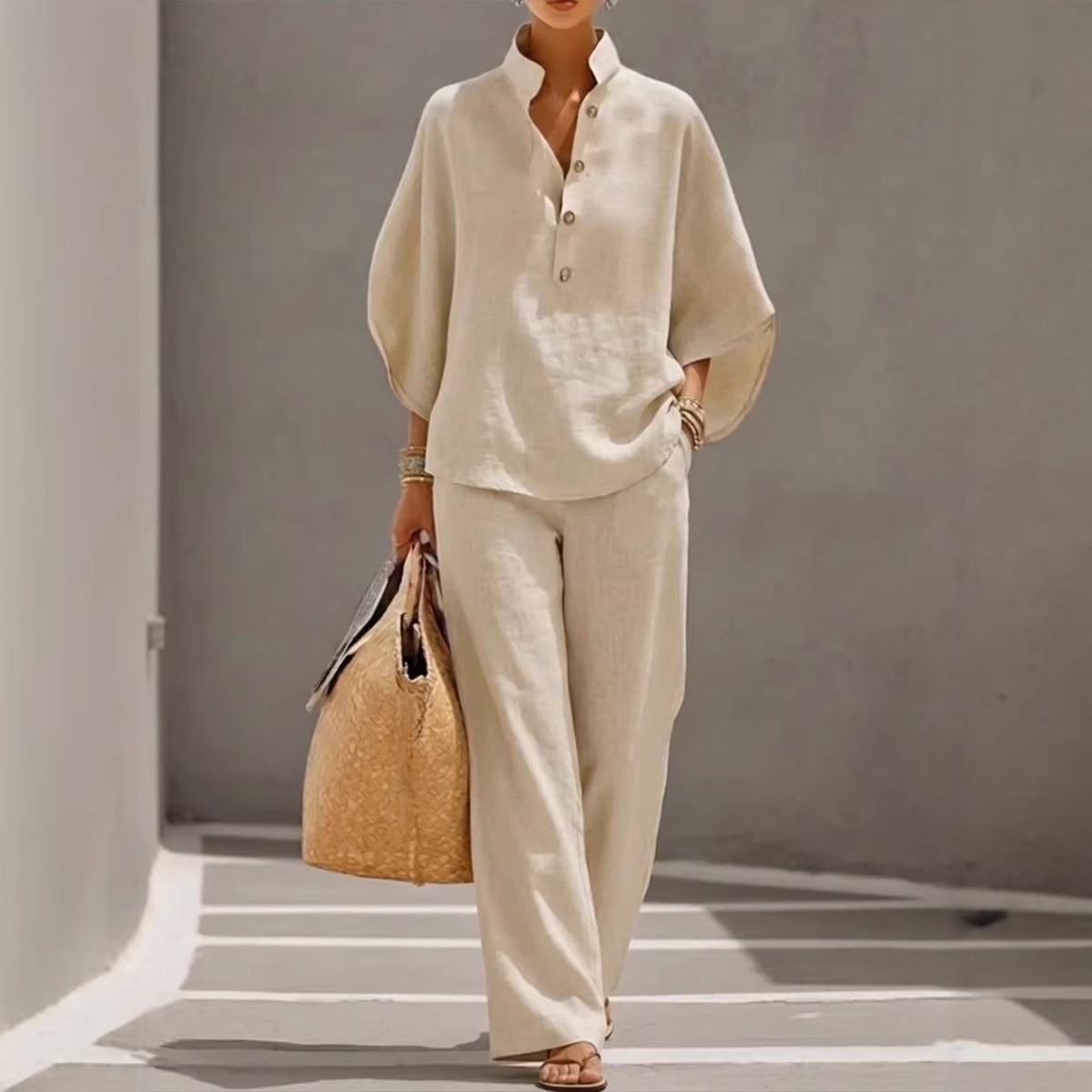 Cotton Linen Batwing Sleeve Wide Pants Set