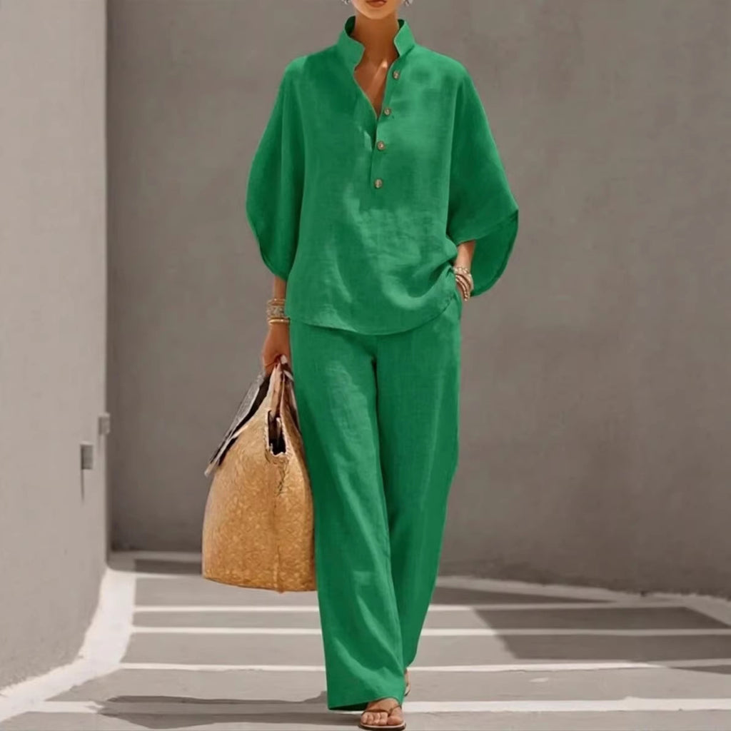 Cotton Linen Batwing Sleeve Wide Pants Set