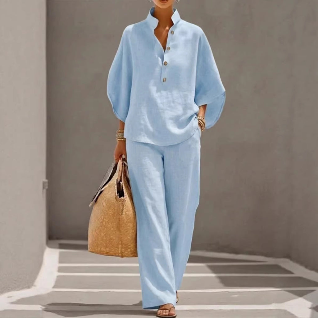 Cotton Linen Batwing Sleeve Wide Pants Set
