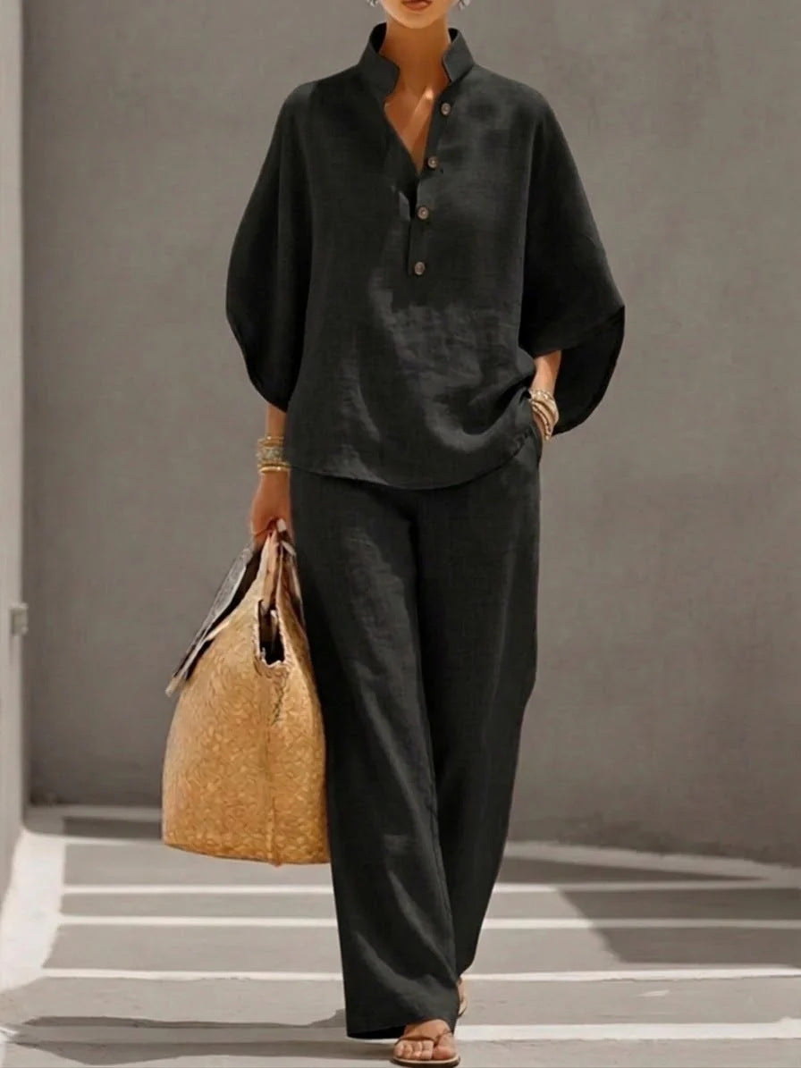 Cotton Linen Batwing Sleeve Wide Pants Set