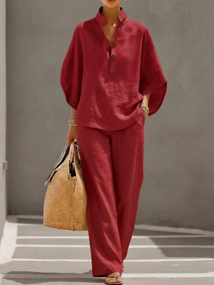 Cotton Linen Batwing Sleeve Wide Pants Set