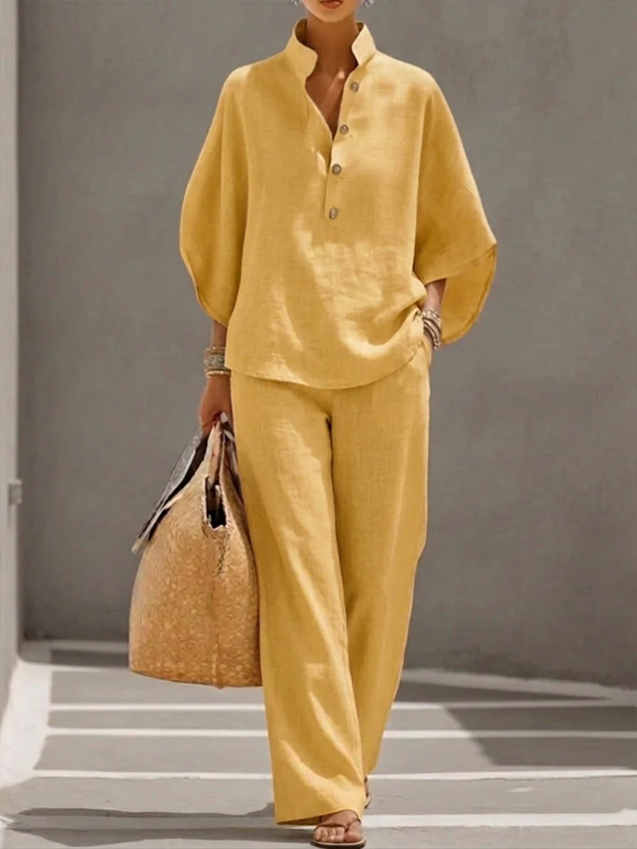 Cotton Linen Batwing Sleeve Wide Pants Set