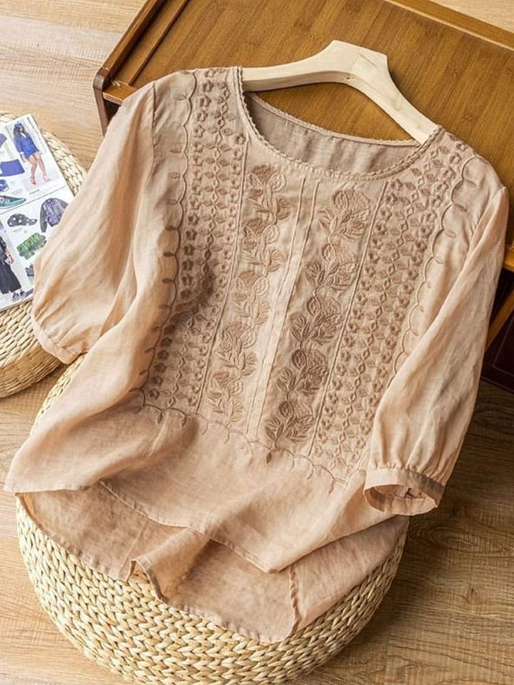 Women's Mid Sleeve Cotton And Linen Embroidery Blouse RB153