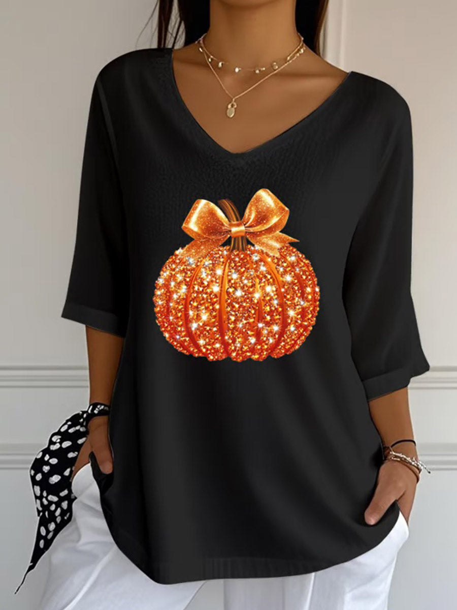 Women's Sequined Pumpkin Print Casual V-Neck 3/4 Sleeve Top