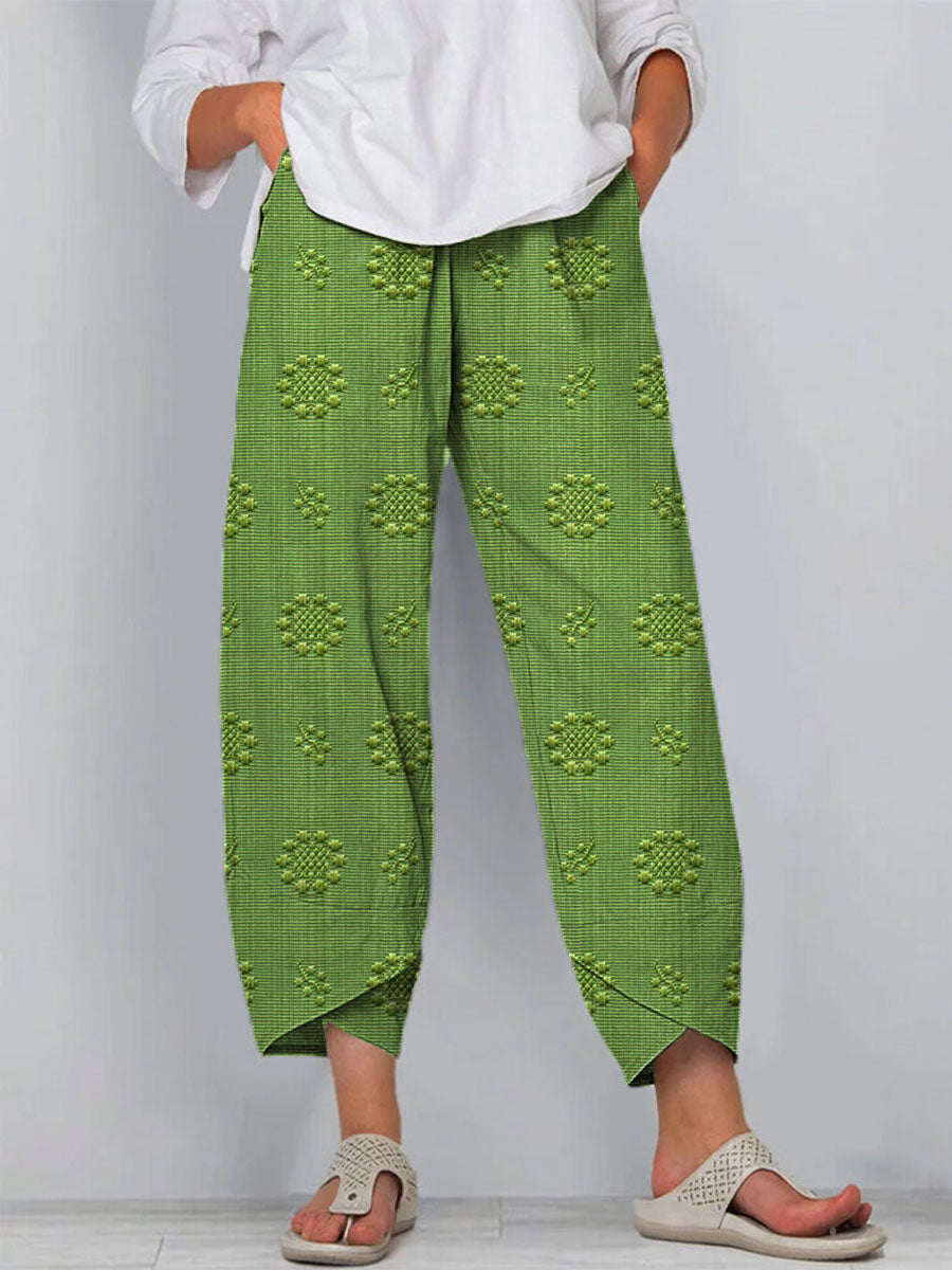 Women's Vintage Floral Art Printed Cotton And Linen Casual Pants