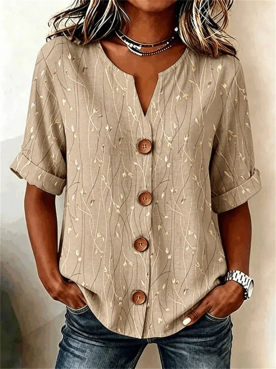 Vintage Leaf Print Short Sleeve Blouse