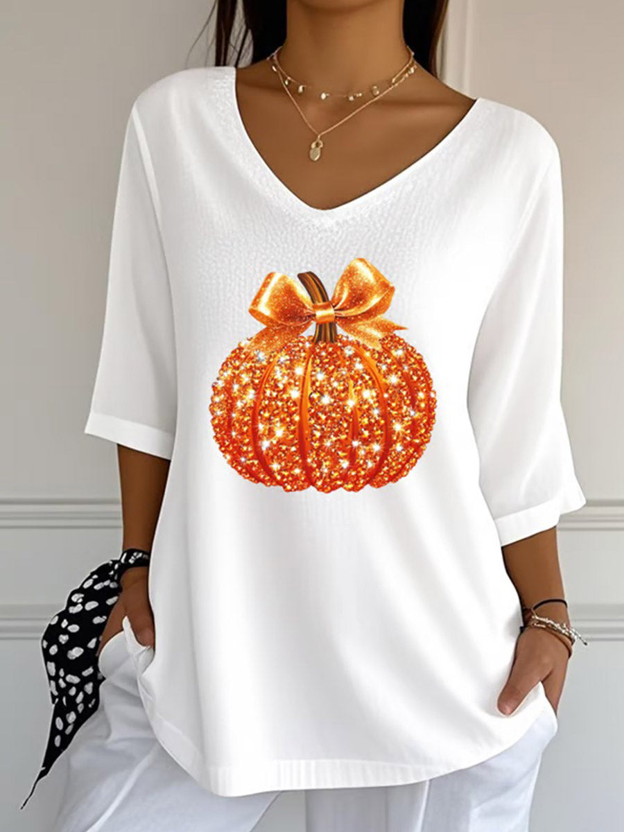 Women's Sequined Pumpkin Print Casual V-Neck 3/4 Sleeve Top