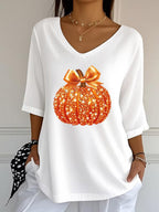 Women's Sequined Pumpkin Print Casual V-Neck 3/4 Sleeve Top