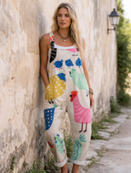 Women's  Vintage  Funny Chicken Art Print Casual Cotton Wide Leg Jumpsuit