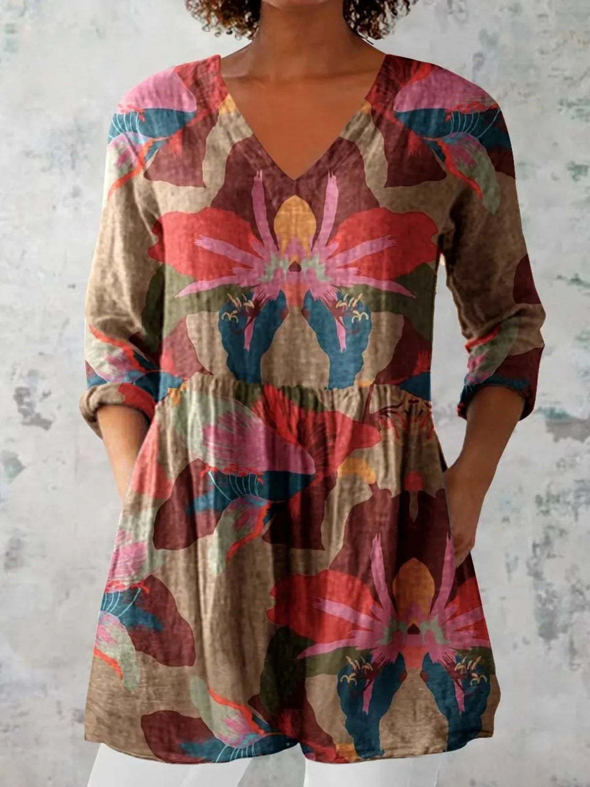 Women's Elegant Floral Print Doll Neck Cotton and Linen Top
