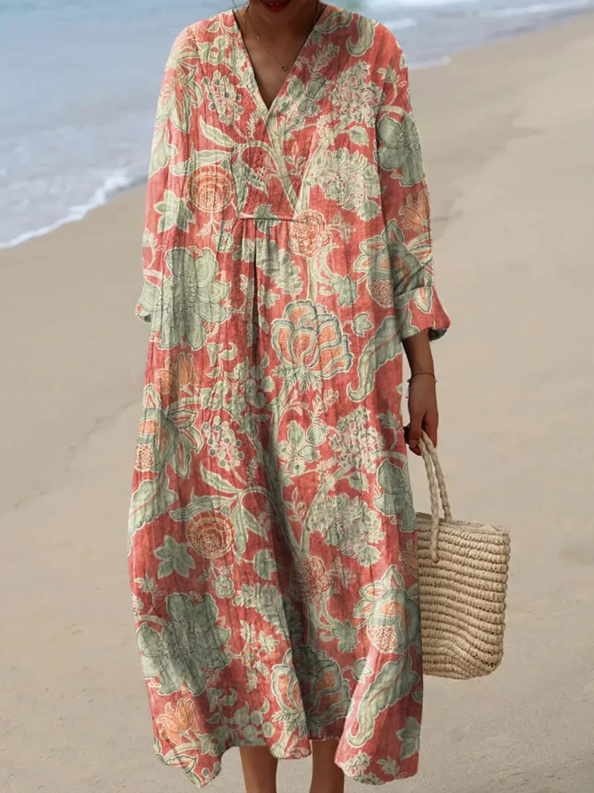 Women's Vintage Lovely Floral Art Print Cotton Linen Dress RD033