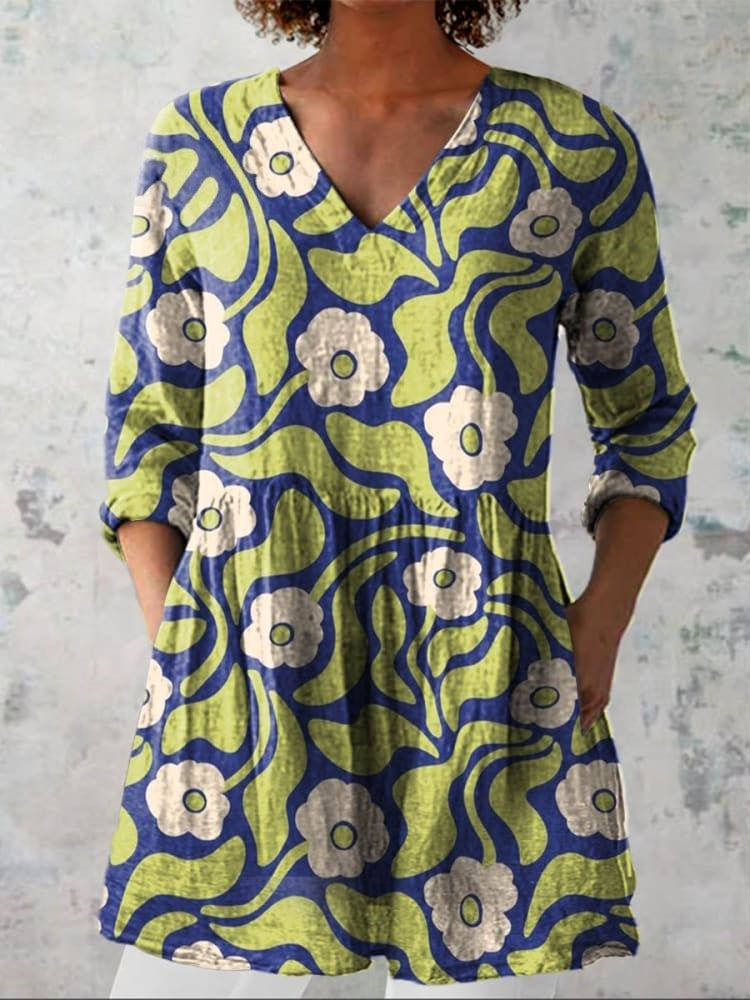 Women's Vintage Lovely Floral Art Print Casual Linen V-neck Shirt）