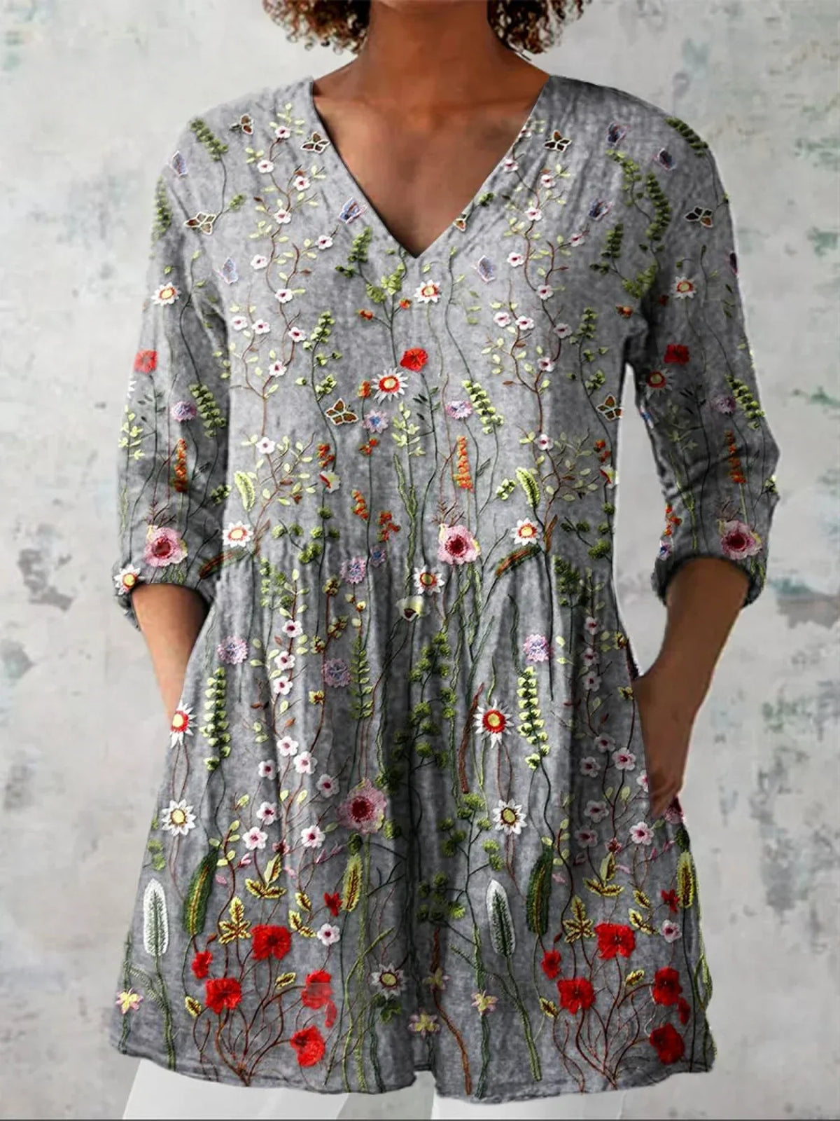 Women's Vintage Floral Art Print Casual Cotton Linen V-neck Shirt RB206