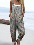 Women's Vintage Lovely Floral Art Print Casual Cotton Linen Wide Leg Jumpsuit RJ021