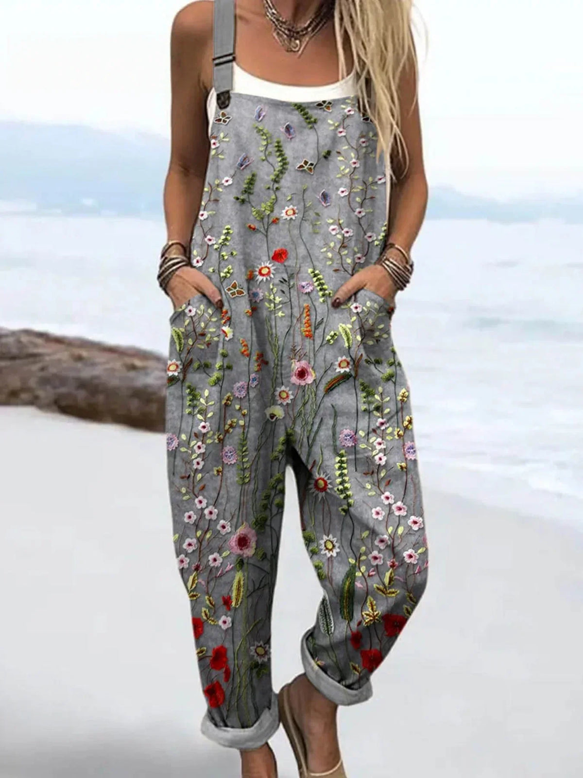 Women's Vintage Lovely Floral Art Print Casual Cotton Linen Wide Leg Jumpsuit RJ021