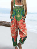 Women's Vintage Lovely Floral Art Print Casual Cotton Linen Wide Leg Jumpsuit RJ024