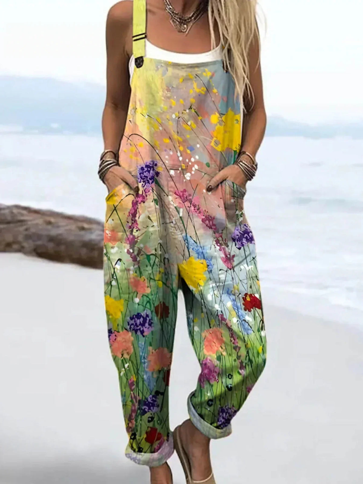 Women's Vintage Floral Pattern Art Print Casual Cotton Linen Wide Leg Jumpsuit RJ015
