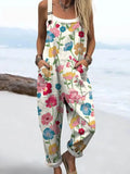 Women's Lovely Floral Art Print Casual Cotton Linen Wide Leg Jumpsuit RJ018