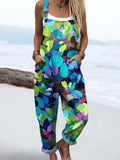 Women's Lovely Floral Art Print Casual Cotton Linen Wide Leg Jumpsuit RJ032