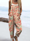 Women's Vintage Floral Art Print Casual Cotton Linen Wide Leg Jumpsuit RJ028