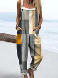 Women's Abstract Geometric Pattern Art Print Casual Cotton Linen Wide Leg Jumpsuit RJ031