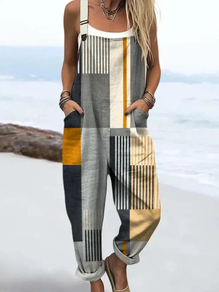 Women's Abstract Geometric Pattern Art Print Casual Cotton Linen Wide Leg Jumpsuit RJ031