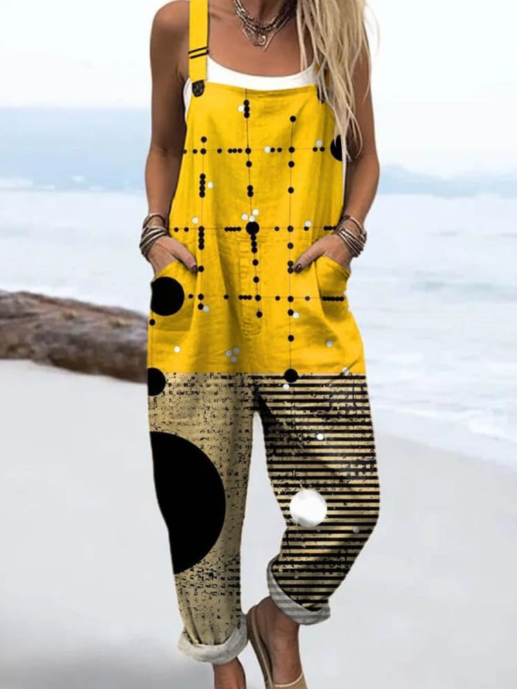 Women's Geometric Pattern Art Print Casual Cotton Linen Wide Leg Jumpsuit RJ038
