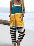 Women's Abstract Geometric Line Pattern Art Print Casual Cotton Linen Wide Leg Jumpsuit RJ034