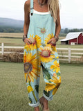 Women's Lovely Sunflowers Pattern Art Print Casual Cotton Linen Wide Leg Jumpsuit RJ043