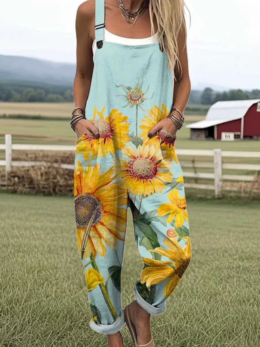 Women's Lovely Sunflowers Pattern Art Print Casual Cotton Linen Wide Leg Jumpsuit RJ043