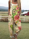 Women's Vintage Floral Pattern Art Print Casual Cotton Linen Wide Leg Jumpsuit RJ045