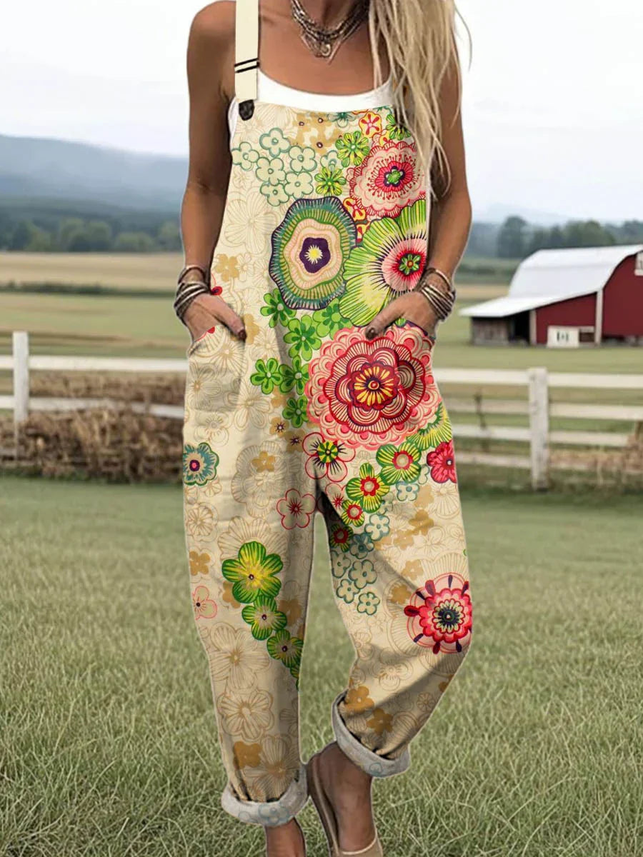 Women's Vintage Floral Pattern Art Print Casual Cotton Linen Wide Leg Jumpsuit RJ045