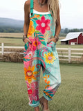 Women's Vintage Floral Pattern Art Print Casual Cotton Linen Wide Leg Jumpsuit RJ050