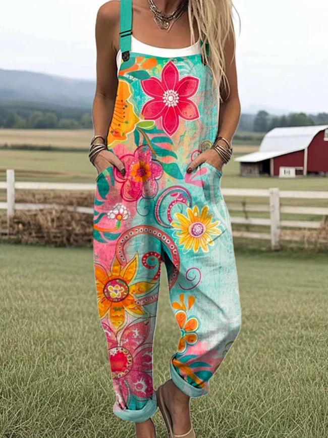Women's Vintage Floral Pattern Art Print Casual Cotton Linen Wide Leg Jumpsuit RJ050