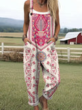 Women's Vintage Floral Pattern Art Print Casual Cotton Linen Wide Leg Jumpsuit RJ044