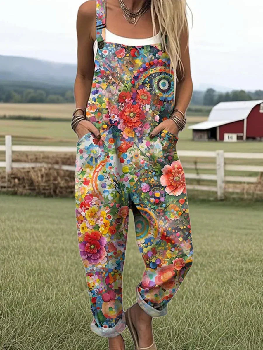 Women's Vintage Floral Pattern Art Print Casual Cotton Linen Wide Leg Jumpsuit RJ041