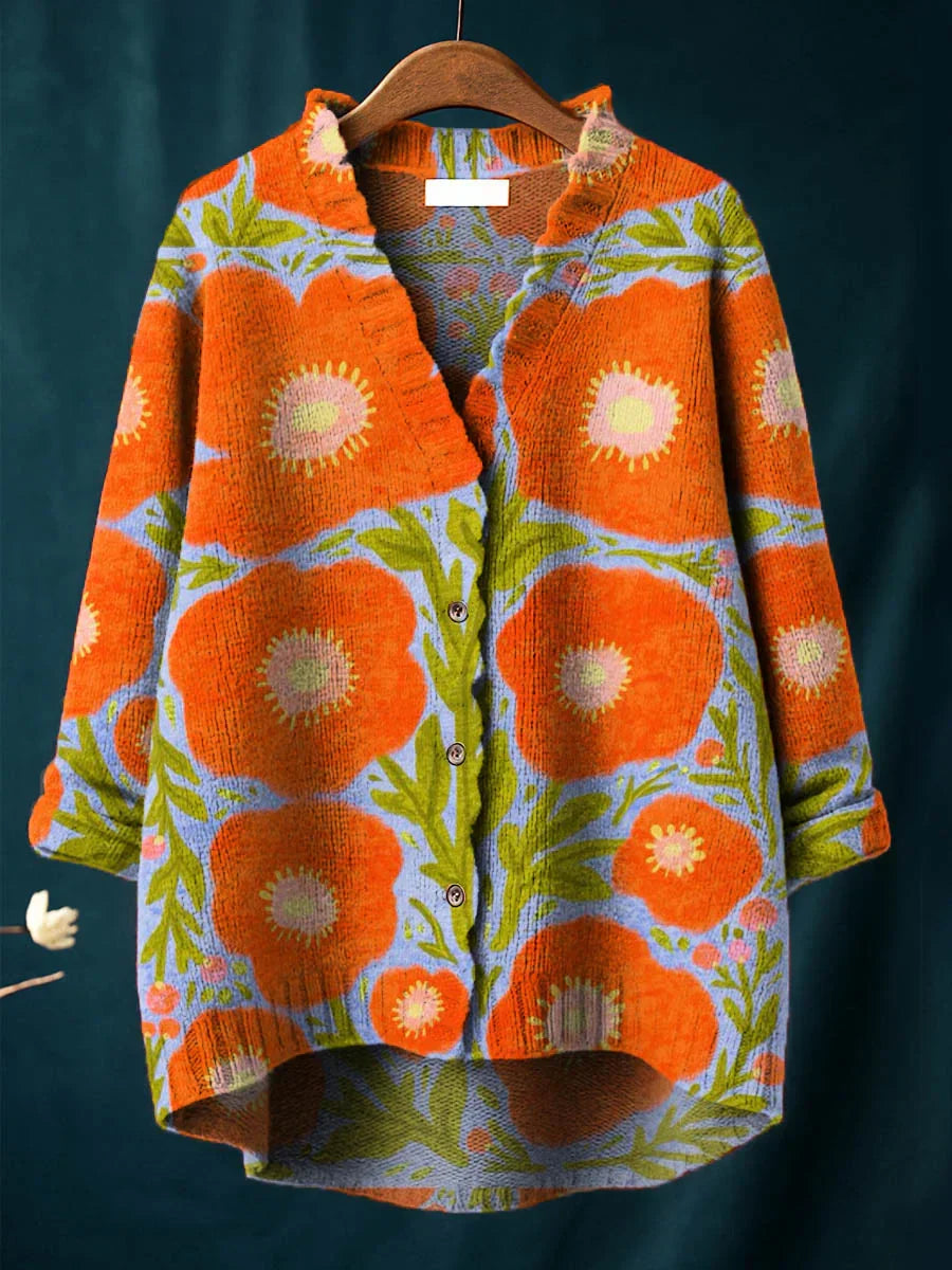 Women's Vintage Floral Art Print Casual Pullover Sweater
