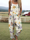 Women's Artistic Creative Flowers Butterflies Spiders Print Casual Cotton Linen Wide Leg Jumpsuit RJ049