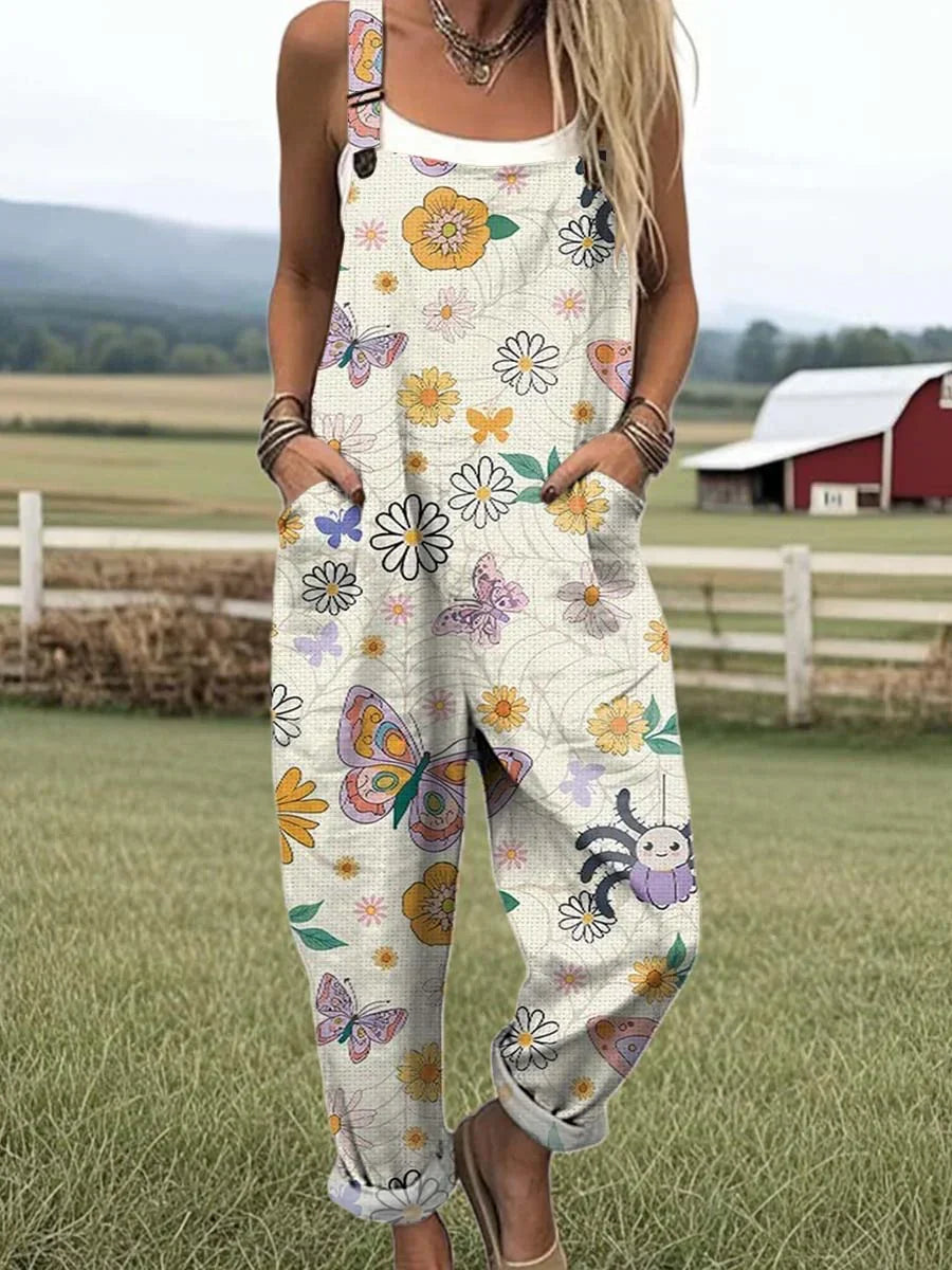 Women's Artistic Creative Flowers Butterflies Spiders Print Casual Cotton Linen Wide Leg Jumpsuit RJ049