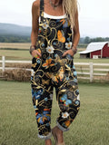 Women's Retro Art Butterfly Flower Festival Print Casual Cotton Linen Wide Leg Jumpsuit RJ048