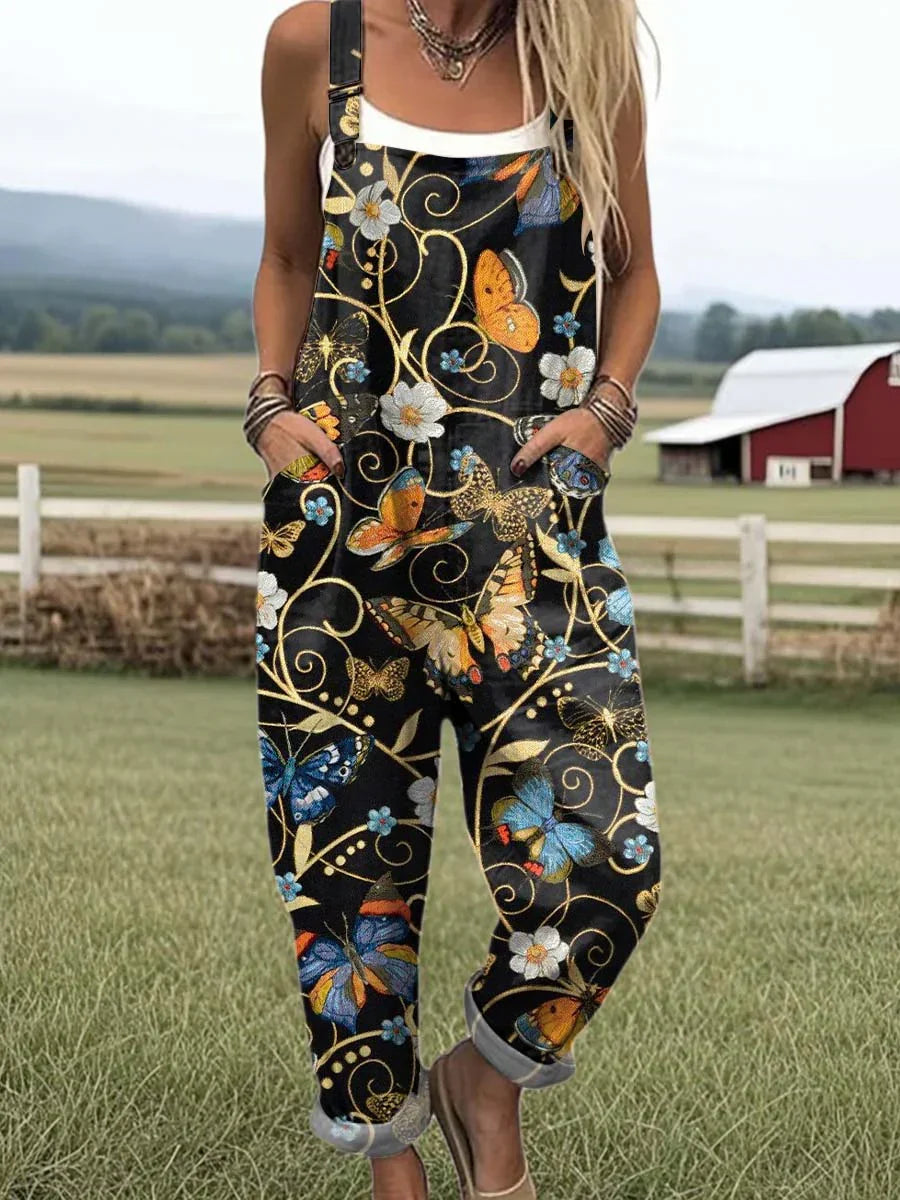 Women's Retro Art Butterfly Flower Festival Print Casual Cotton Linen Wide Leg Jumpsuit RJ048
