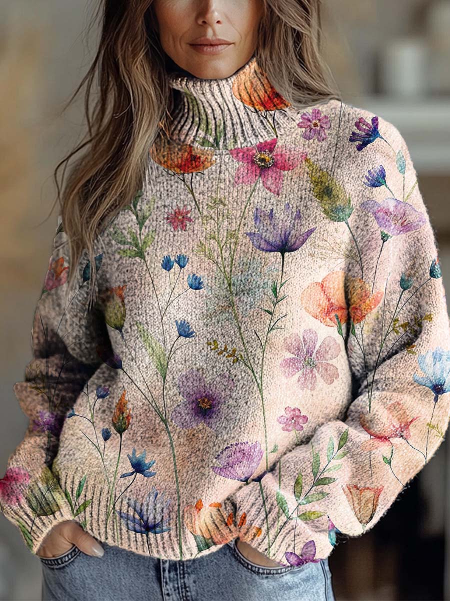 Women's Vintage Art Watercolor Flowers Print Knit Turtleneck Pullover Sweater RM154