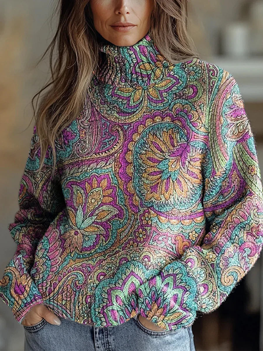 Women's Retro Ethnic Art Flowers Print Knit Turtleneck Pullover Sweater RM155