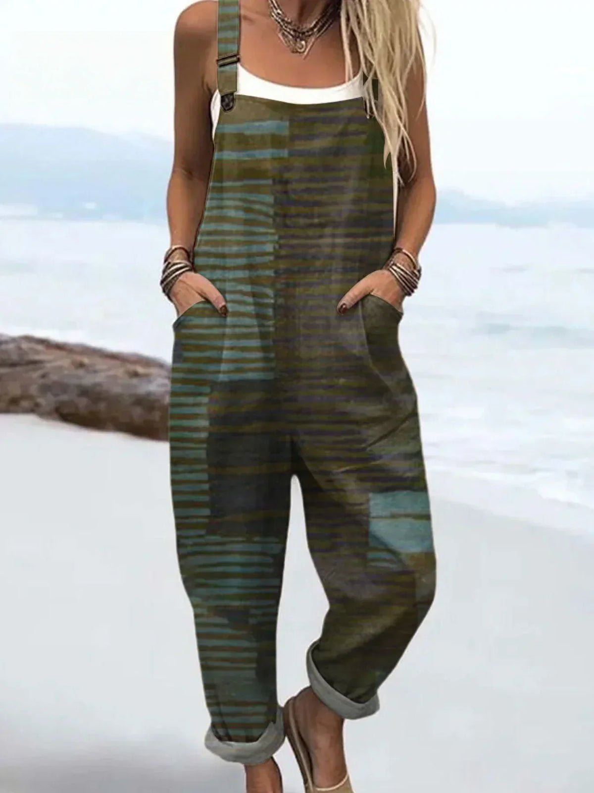 Women's Vintage Abstract Geometric Art Print Casual Cotton Linen Wide Leg Jumpsuit RJ013